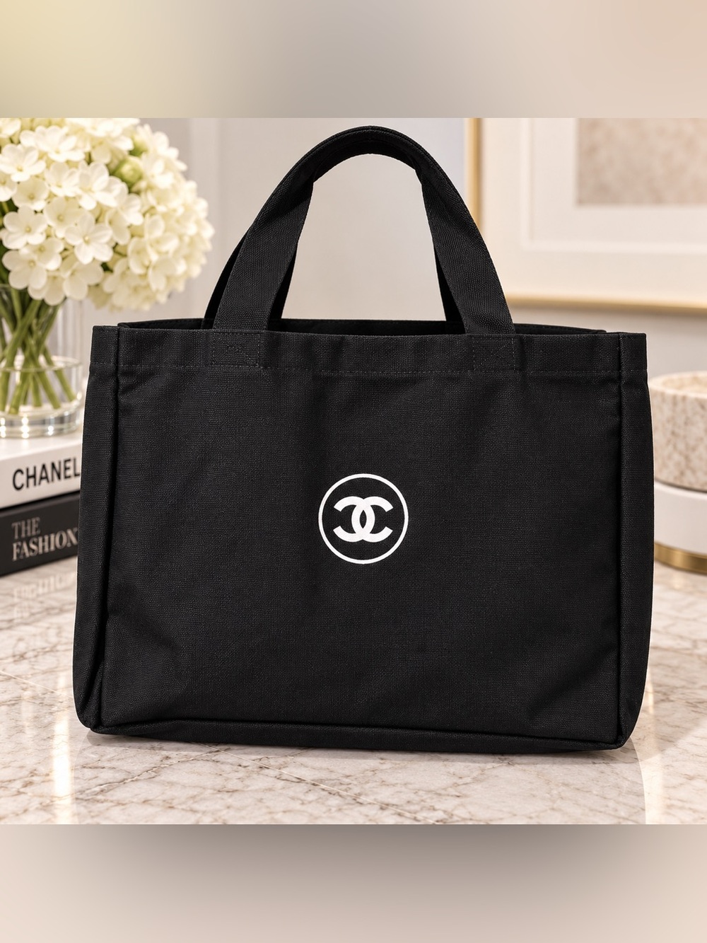 Black Canvas Tote Bag with White Logo